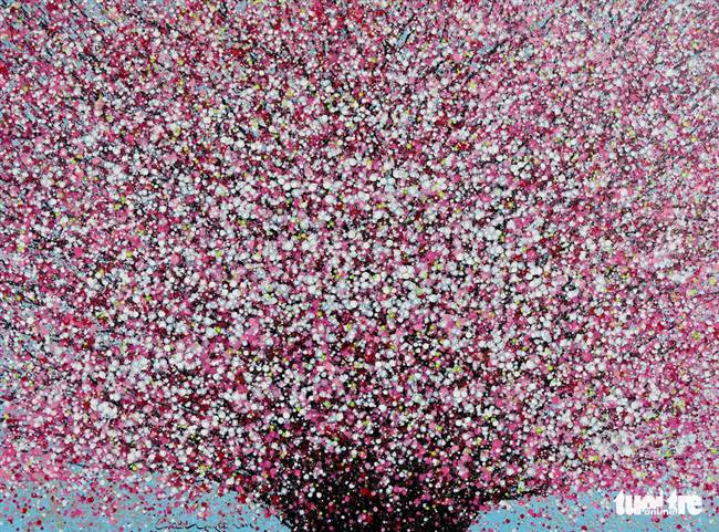 Tác phẩm "Hoa đào" của hoạ sĩ Liêu Nguyễn Hướng Dương, chất liệu Acrylic - Ảnh: PBD chụp lại