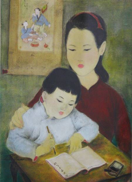 Tác phẩm “Chị dạy em viết chữ Nho” (lụa bồi trên giấy, 32,3cm x 23,5cm, 1946) của Lê Thị Lựu