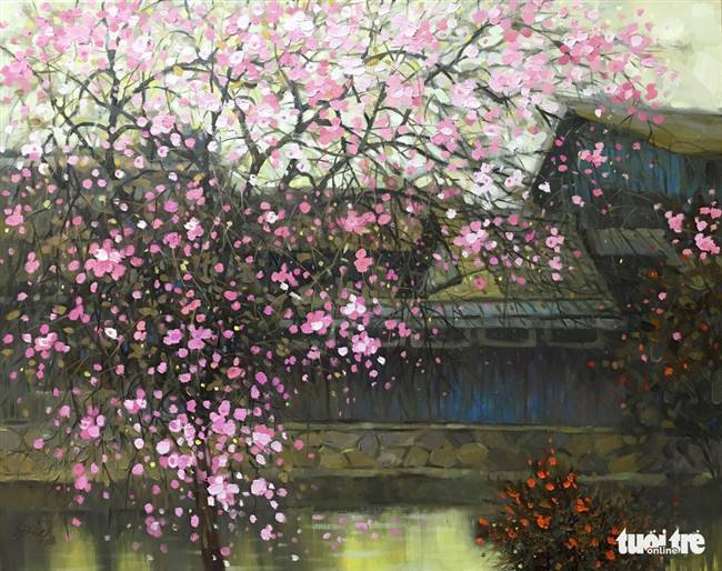 Tranh sơn dầu "Ấn tượng Sakura" của tác giả Nguyễn Anh Đức - Ảnh: PBD chụp lại