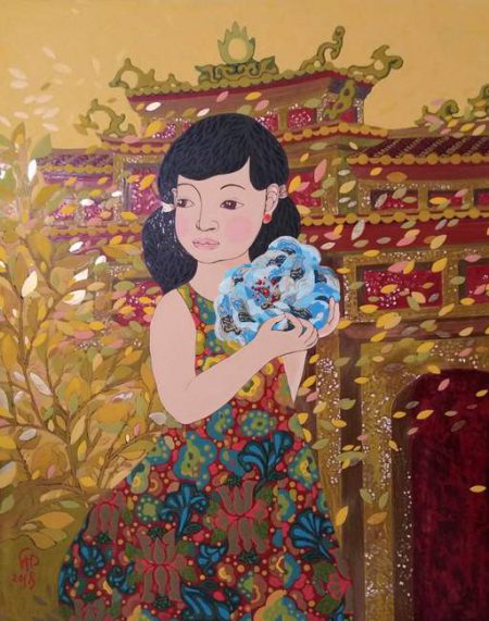 Em bé, tranh sơn mài, họa sĩ: Lê Anh Cẩn (Quảng Bình). Khổ:80×100, năm vẽ: 2018. Giá khởi điểm: 14.000.000 đồng, giá bán: 18.000.000 đồng.