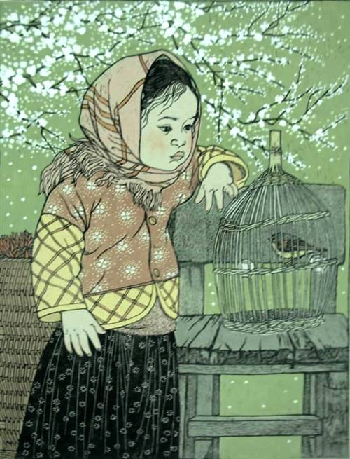 Tác phẩm Em bé H'Mông (in khắc gỗ), họa sĩ Nguyễn Thị Tố Uyên
