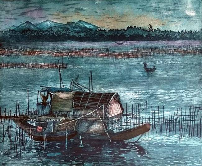 Tác phẩm Chiều trên phá Tam Giang (in đồng), họa sĩ Trần Thanh Dung