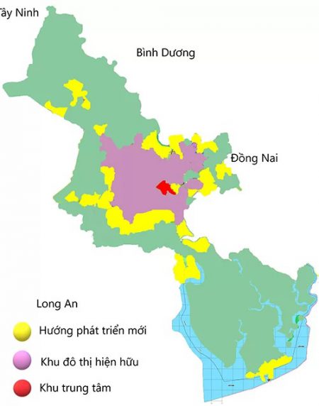 Hướng phát triển mới (màu vàng) của TP HCM. Đồ hoạ: Nguyễn Tâm.