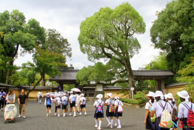 Lối vào chùa Vàng. Học sinh Nhật Bản thường được tổ chức tham quan nơi này.