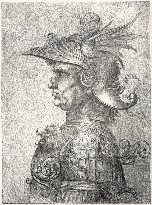 Khoảng năm 1468, Leonardo 14 tuổi, theo học Andrea del Verrocchio - họa sĩ đại tài kiêm kỹ sư. Trong ảnh là bức vẽ thuộc thời kỳ đầu của ông, hình nhìn nghiêng của một chiến binh La Mã dũng mãnh, đầu đội một chiếc mũ sắt được trang trí công phu, bắt nguồn từ bản vẽ thiết kế chiếc mũ mà xưởng của Verrocchio được giao chế tác để làm quà tặng cho vị Công tước thành Milan.  