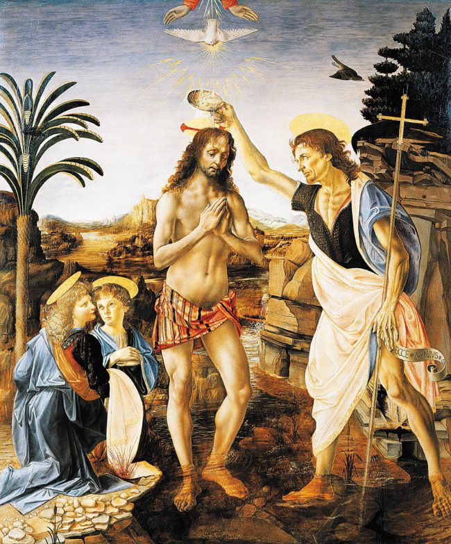 Lễ rửa tội Chúa - bức họa Leonardo cộng tác với người thầy Verrocchio năm 1475. Tác phẩm ghi lại cảnh Thánh John tẩy giả dội nước lên người Jesus bên dòng sông Jordan, trong khi hai thiên thần đang quỳ gối chứng kiến. Người thầy Verrocchio quá kinh ngạc khi ngắm nhìn thành quả đó đến nỗi ông “quyết định sẽ không bao giờ động tới bút vẽ nữa”.