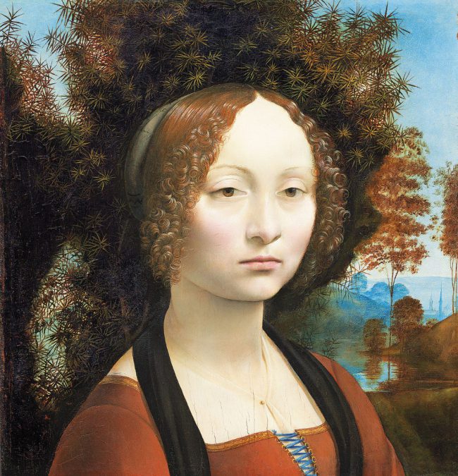 Chân dung Ginevra de’ Benci (khoảng 1478). Bức tranh vẽ một người phụ nữ trẻ u buồn, với gương mặt trăng rằm trên nền một cây tùng đang trổ bông. Thoạt nhìn có vẻ tranh vô vị, nhưng kỳ thực, bức Ginevra de’ Benci lại kết tinh nhiều thành quả nghệ thuật tuyệt vời của ông, như mái tóc quăn rực rỡ với những lọn nhỏ cuộn chặt cùng bố cục phi truyền thống, trong đó nhân vật chính chiếm tới ba phần tư khung hình. Bức tranh là tiên liệu sớm về kiệt tác Mona Lisa.