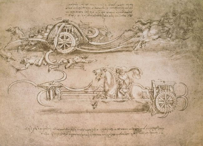 Năm 1482 ông chuyển tới Milan, sống và làm việc trong suốt 17 năm. Để làm hài lòng vị cai trị Ludovico Sforza, ông thử nghiệm các thiết kế trong kỹ thuật quân sự và cho ra đời một số ý tưởng đột phá về các loại máy móc. Dù các thiết kế không được thực thi nhưng nó cho thấy tầm nhìn vượt thời gian của Leonardo so với những điều thiết thực tại thời điểm đó. Trong ảnh là một thiết kế xe ngựa gắn lưỡi hái của Leonardo.