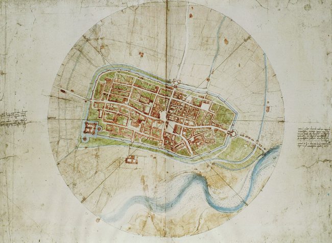 Năm 1502, ông làm việc như một kỹ sư quân sự cho Cesare Borgia, một thống lĩnh liên minh với người Pháp kéo quân vào chiếm Milan. Một số sáng kiến của ông như Cầu tự chịu lực khi đoàn quân phải đi qua một con sông rộng đến 24 sải; đồng hồ đo quãng đường để đo những hành trình dài. Thiết kế bản đồ thành Imola để phòng vệ cẩn mật cho triều đình Borgia đã làm nên đóng góp được xem là lớn nhất của ông cho nghệ thuật và khoa học chiến tranh. Trong ảnh là bản đồ thành Imola của Leonardo. 