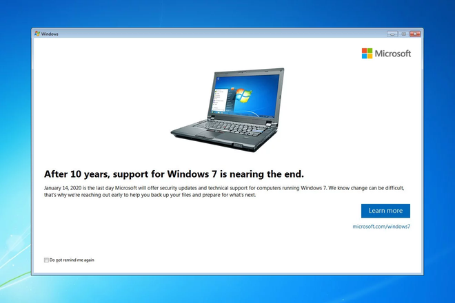 Trừ khi là doanh nghiệp trả tiền, tất cả máy tính đang sử dụng Windows 7 sẽ nhận bản vá bảo mật cuối cùng vào ngày 14/1/2020. Ảnh: Microsoft