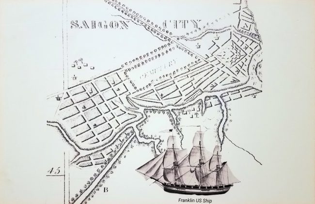 Bản đồ Sài Gòn và mẫu tàu Franklin do John White vẽ, trích từ sưu tập của Trần Hữu Phúc Tiến