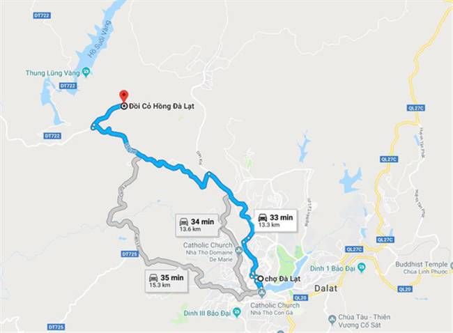Bản đồ chỉ dẫn đi từ chợ Đà Lạt đến ngắm đồi cỏ hồng gần Thung lũng vàng