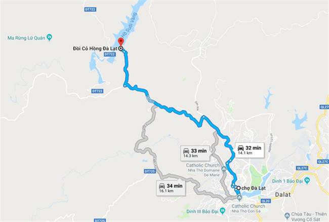 Bản đồ chỉ dẫn đi từ chợ Đà Lạt đến ngắm đồi cỏ hồng tại hồ Suối Vàng