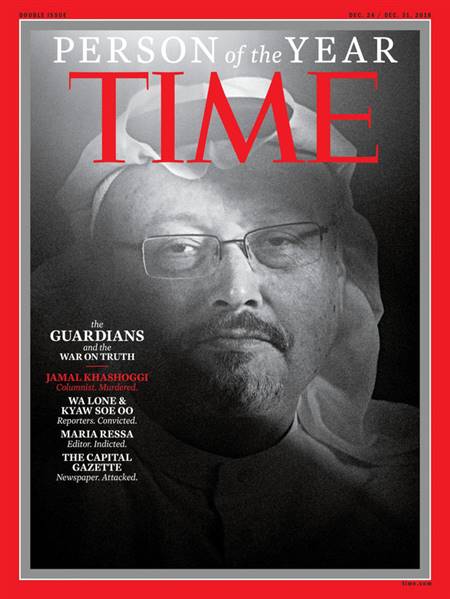 Nhà báo Saudi Arabia Jamal Khashoggi trên bìa số báo vinh danh Nhân vật của năm 2018 của tạp chí TIME - Ảnh: TIME