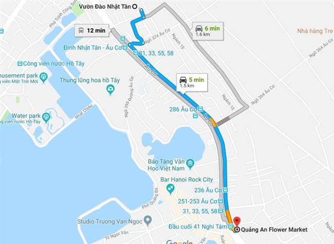 Đường đi từ Vườn đào Nhật Tân đến chợ hoa Quảng An, Tây Hồ, Hà Nội - Ảnh chụp màn hình