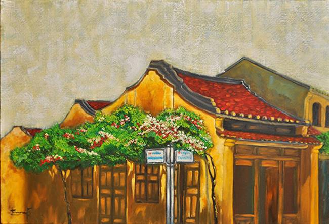 Ngày càng có nhiều văn nghệ sĩ sáng tác chuyên sâu về đề tài quê hương, đất nước. Trong ảnh: Một bức tranh về phố cổ Hội An của Trương Bách Tường.