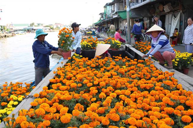 Anh Trịnh Văn Bon mang đợt hoa cuối từ kênh 90 ra chợ nổi bán sáng 29 Tết - Ảnh: NGUYỆT NHI