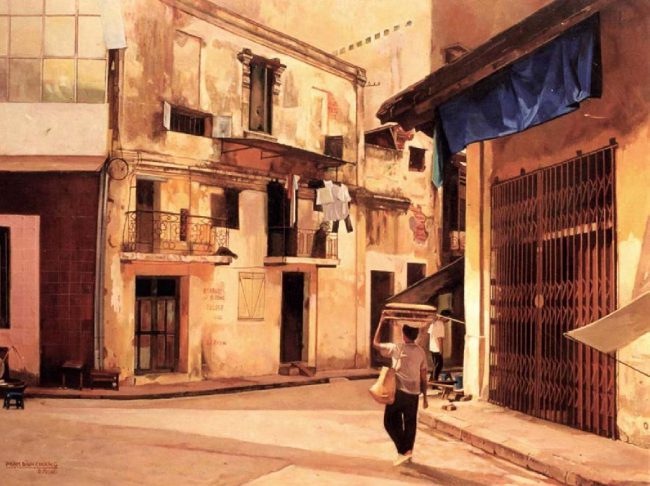 Con người trong tranh là những bà, những chị với quang gánh, đội thúng tre đi bán hàng.