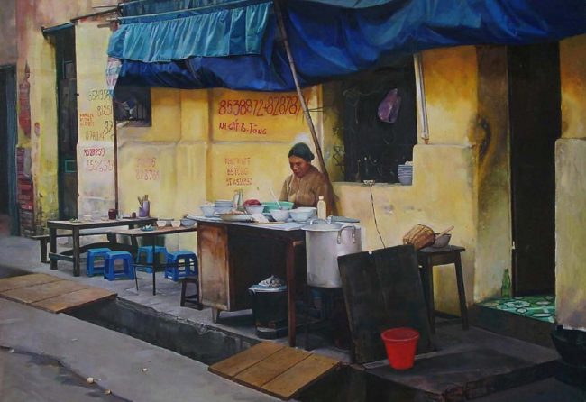 Một hàng ăn vỉa hè đơn sơ được họa sĩ diễn tả.