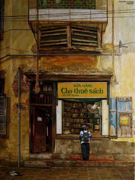 Tranh Cửa hàng sách cũ vẽ năm 2012.