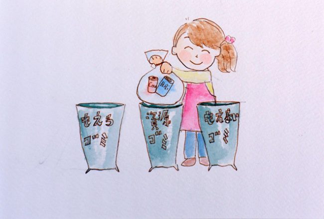 Trẻ em Nhật Bản được học phân loại rác từ nhỏ. Tranh minh họa: Tama Duy Ngọc