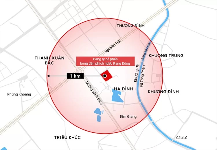Vùng ảnh hưởng trong bán kính 1 km quanh đám cháy. Đồ họa: Việt Chung.