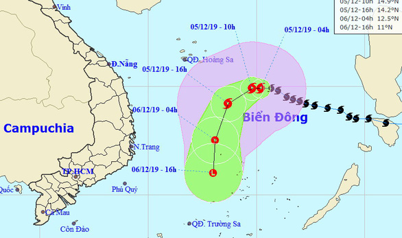 Sơ đồ dự báo hướng đi bão số 7 sáng 5/12. Ảnh: Trung tâm dự báo khí tượng thủy văn quốc gia
